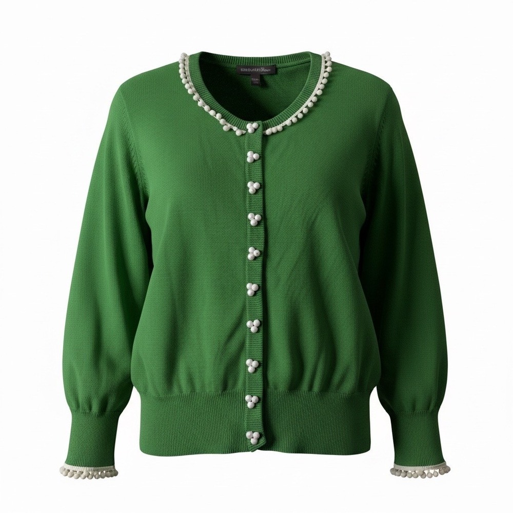 Kelly and Diane Green Pom Pom Trim Cardigan Beaded Button Sweater Large